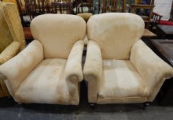 Pair of club armchairs with square tapering legs and castors (2)
