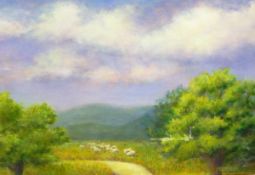 Ingersoll Oil on canvas Sheep in meadow, trees in foreground, gift inscription verso,