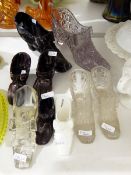 Victorian marbled pressed purple glass model of a lady's shoe with bow, 21cm long,