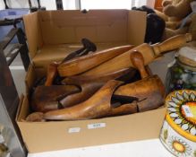 Pair of wooden shoe trees, expanding ruler, wooden rolling pin, butter pats,