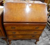 Circa 1940's burr walnut veneered bureau with usual pigeonhole interior,