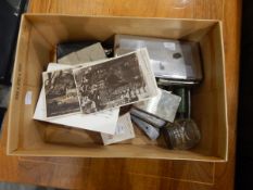 Chrome cigarette case, with engine-turned decoration, two antinomy dishes,