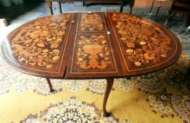 19th century mahogany and floral inlaid satinwood drop-leaf dining table with overall floral