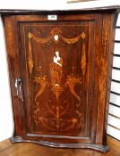 Edwardian rosewood corner cupboard with inlaid classical scene panel door, enclosing shelf,