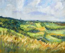 20th century school Oil on canvas Continental valley landscape with buildings in distance,