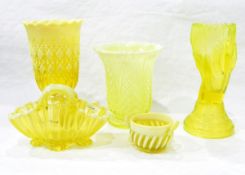 Victorian uranium pressed glass vase modelled as a lady's hand with bullrushes and wheat, 19cm high,