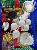 Wooden tennis racket within a tennis press, assorted glass, china, ornaments,