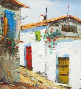 Pair of acrylics depicting town scene and still life flowers in a vase and another (4)