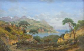 19th century continental school Oil on canvas Coastal path with pack mules, sailing boats on water,