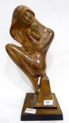 Patinated bronze Art Deco style figure, Madonna and child, free form,