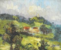 Late 19th/early 20th century school Oil on board Stylised landscape with buildings to centre,