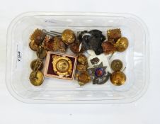 Quantity of cap badges including the Royal Sussex Regiment, military buttons, etc.