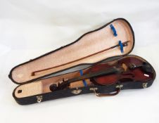 Cased French violin, one piece back, with internal label 'Medio-Fino' with bow,