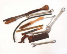 Collection of spanners and tools together with a wooden table-top cabinet with drawers