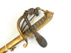 Naval officer's sword with engraved blade, shagreen hilt and leather scabbard,