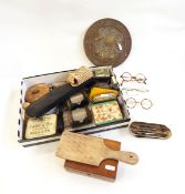 Assorted collectables including a metal fireplate, Milners' patent, spectacles,