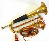 Regimental copper and brass bugle for the Royal Welsh Fusiliers and a French brass cavalry trumpet