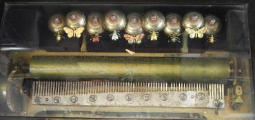 Swiss cylinder inlaid music box with 12 aires and nine bells, the bells decorated with butterflies,