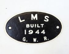 LMS locomotive plate 'Built 1944 GWR', of oval form,