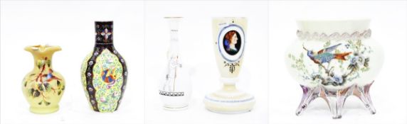 Victorian opaque green glass vase decorated with glass bead decoration of a bird and flowers,