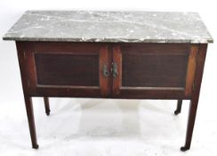 Edwardian inlaid mahogany washstand having variegated grey and white marble top,