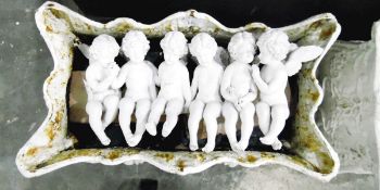 Pair of white painted metal garden urns, a pair of white painted metal square planters,