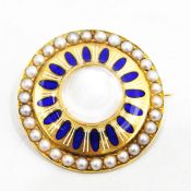 Edwardian gold-coloured metal moonstone enamel and pearl target brooch,