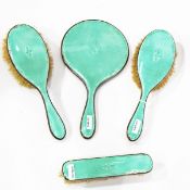 Silver and enamel four-piece dressing table set by Henry Clifford Davis, Birmingham 1928,