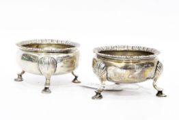 Pair of George III silver circular salts, maker's mark rubbed, London 1769,