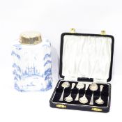 Handpainted blue and white tea canister depicting a stately home and its deer park,