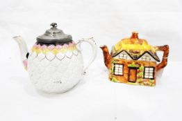 Novelty teapots to include cottageware, Victorian leaf-moulded teapot with pewter lid, etc.