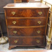 Reproduction mahogany bow front chest with four long graduated drawers on splayed bracket feet,