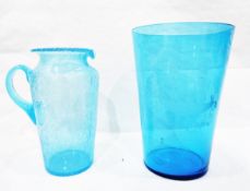Large blue glass vase with etched boat scene,