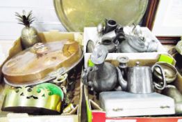 Large copper pan, a metal pineapple ornament, a brass model of a horse,