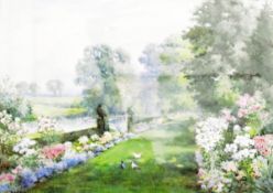 Noel Smith (19th century) Watercolour drawing English country garden beside river with birds in