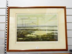 After Peter Scott (1909-1989) Colour print Geese against an evening sky,