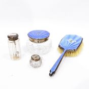 Cut glass dressing table jar with enamelled silver cover, Sheffield 1954, of circular form,