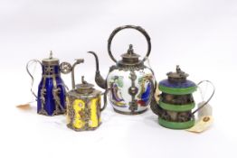 Chinese porcelain teapot, figure decorated and having metal mounts with hoop handle,