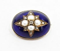 Victorian enamel, diamond and pearl brooch, gold-coloured metal, oval and domed,