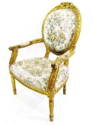 Pair of Louis Quinze style cameo-backed giltwood chairs with tapestry fabric upholstered back and