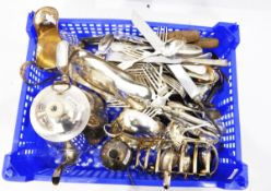 Silver-plated teapot, an old Sheffield plate cream jug, silver-plated toast rack, crumb scoop,