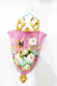 19th century porcelain wall pocket of trefoil form, pink ground,