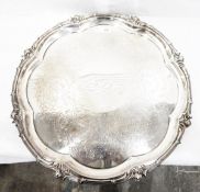 Large silver-plated salver by Elkington & Co, of circular form,