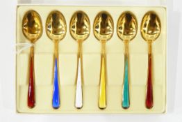 Set of six Norwegian silver-gilt and enamel coffee spoons having harlequin enamel handles,