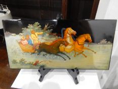 Russian lacquer plaque panel, end painted with Troika going through the snow led by three horses,