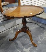 Burr oak pie-crust circular top tripod table, dia.