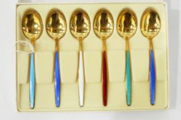Set of six Norwegian silver-gilt and enamel coffee spoons having harlequin enamel handles,