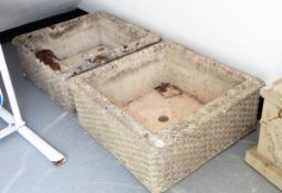 Pair of reconstituted stone square troughs with basket weave design,