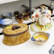 Staffordshire model of a cow with milkmaid, oval stoneware pie dish,