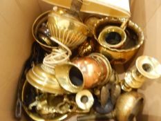 Collection of metalware including brass table lamp, jardinieres, etc.
